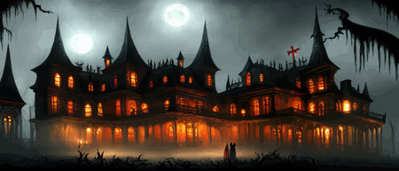 Scary little haunted house in horror forest, spooky haunted house in old, vintage style for Halloween and other spooky occasions. Vector illustration.のイラスト素材
