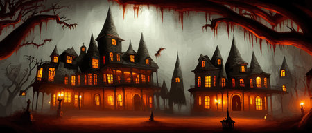 Scary little haunted house in horror forest, spooky haunted house in old, vintage style for Halloween and other spooky occasions. Vector illustration.のイラスト素材