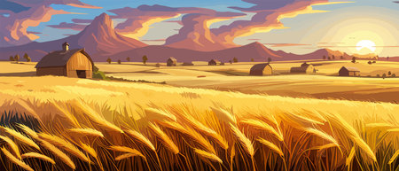 Wheat field sky with clouds. Countryside summer background gold colors grain nature. Health food poster. Barley vectorのイラスト素材