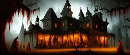 Scary little haunted house in horror forest, spooky haunted house in old, vintage style for Halloween and other spooky occasions. Vector illustration.のイラスト素材
