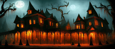 Scary little haunted house in horror forest, spooky haunted house in old, vintage style for Halloween and other spooky occasions. Vector illustration.のイラスト素材