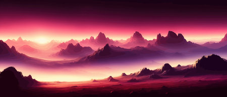 Futuristic fantasy landscape, sci fi landscape with planet neon light, cold planet. Galaxy unknown planet. Dark natural scene with light reflection water. neon space galaxy portal vector illustration.のイラスト素材