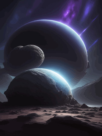 Futuristic fantasy landscape, sci fi landscape with planet, neon light, cold planet. Galaxy unknown planet Dark naturalのイラスト素材