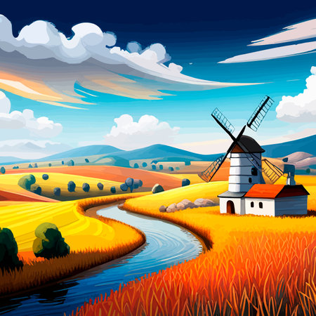 Rural summer landscape with windmill and wheat field. Vector illustration. Nature rural landscape with old dutchのイラスト素材
