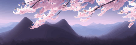 Japanese landscape with sakura trees against the backdrop of mountains and a volcano. beautiful fantasy landscape. vector banner illustration.のイラスト素材
