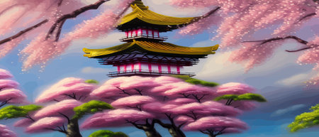Cherry trees and lake under Mount Fuji, clear cloudy sky at dusk, super realistic and highly detailed Japanese pagoda, vector illustration.のイラスト素材