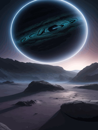 Futuristic fantasy landscape, sci fi landscape with planet, neon light, cold planet. Galaxy unknown planet Dark naturalのイラスト素材