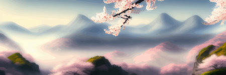 Japanese landscape with sakura trees against the backdrop of mountains and a volcano. beautiful fantasy landscape. vector banner illustration.のイラスト素材