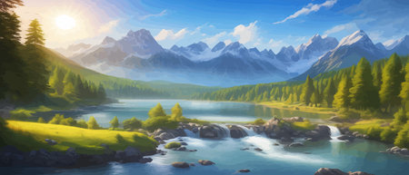 Picture of a mountain lake with a mountain range in the background and a lake in the foreground with a mountain range in the background. vector illustrationのイラスト素材