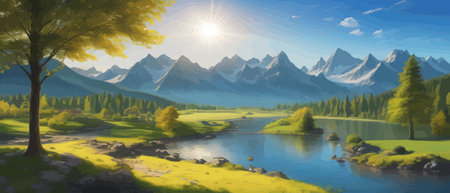 Picture of a mountain lake with a mountain range in the background and a lake in the foreground with a mountain range in the background. vector illustrationのイラスト素材