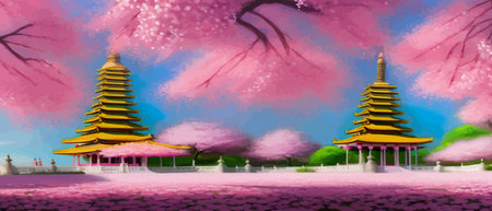 Cherry trees and lake under Mount Fuji, clear cloudy sky at dusk, super realistic and highly detailed Japanese pagoda, vector illustration.のイラスト素材