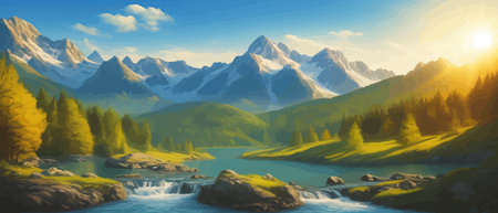 Picture of a mountain lake with a mountain range in the background and a lake in the foreground with a mountain range in the background. vector illustrationのイラスト素材
