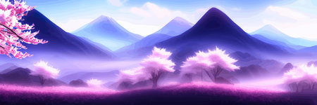 Japanese landscape with sakura trees against the backdrop of mountains and a volcano. beautiful fantasy landscape. vector banner illustration.のイラスト素材