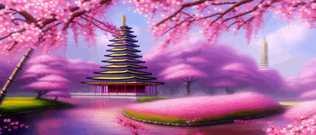 Cherry trees and lake under Mount Fuji, clear cloudy sky at dusk, super realistic and highly detailed Japanese pagoda, vector illustration.のイラスト素材
