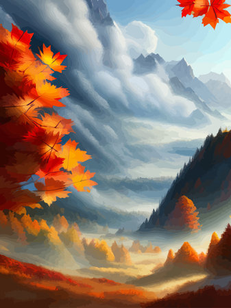 Vector illustration of countryside in autumn, autumn landscape mountains and maple trees fallen with yellow foliage. Forest in shades of orange and teal in the fall.のイラスト素材