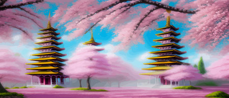 Cherry trees and lake under Mount Fuji, clear cloudy sky at dusk, super realistic and highly detailed Japanese pagoda, vector illustration.のイラスト素材