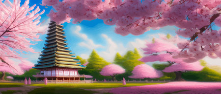 Cherry trees and lake under Mount Fuji, clear cloudy sky at dusk, super realistic and highly detailed Japanese pagoda, vector illustration.のイラスト素材