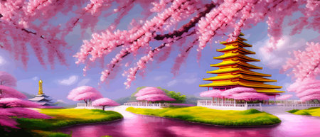 Cherry trees and lake under Mount Fuji, clear cloudy sky at dusk, super realistic and highly detailed Japanese pagoda, vector illustration.のイラスト素材