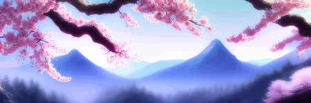 Japanese landscape with sakura trees against the backdrop of mountains and a volcano. beautiful fantasy landscape. vector banner illustration.のイラスト素材