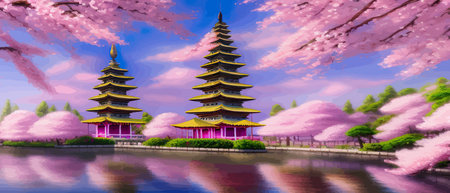 Cherry trees and lake under Mount Fuji, clear cloudy sky at dusk, super realistic and highly detailed Japanese pagoda, vector illustration.のイラスト素材