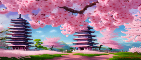 Cherry trees and lake under Mount Fuji, clear cloudy sky at dusk, super realistic and highly detailed Japanese pagoda, vector illustration.のイラスト素材