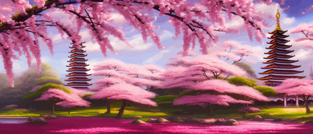 Cherry trees and lake under Mount Fuji, clear cloudy sky at dusk, super realistic and highly detailed Japanese pagoda, vector illustration.のイラスト素材