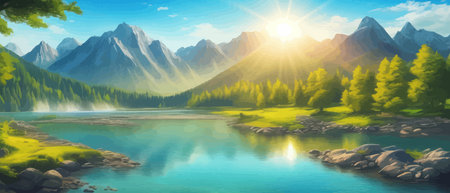 Picture of a mountain lake with a mountain range in the background and a lake in the foreground with a mountain range in the background. vector illustrationのイラスト素材