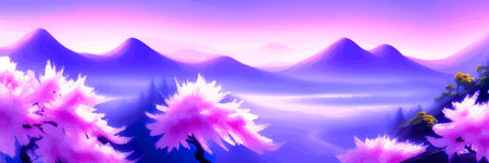 Japanese landscape with sakura trees against the backdrop of mountains and a volcano. beautiful fantasy landscape. vector banner illustration.のイラスト素材