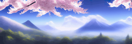 Japanese landscape with sakura trees against the backdrop of mountains and a volcano. beautiful fantasy landscape. vector banner illustration.のイラスト素材