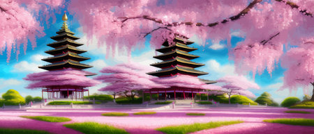 Cherry trees and lake under Mount Fuji, clear cloudy sky at dusk, super realistic and highly detailed Japanese pagoda, vector illustration.のイラスト素材