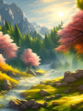 Colorful autumn landscape. Autumn season with red majestic mountains.のイラスト素材