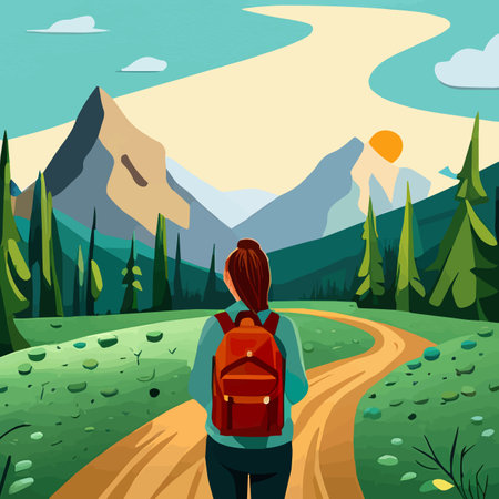 Adventure woman hiker enjoying hiking in mountains with nordic poles backpack flat vector illustration. Woman traveler travels with backpack.のイラスト素材