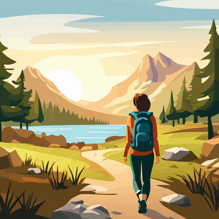 Adventure woman hiker enjoying hiking in mountains with nordic poles backpack flat vector illustration. Woman traveler travels with backpack.のイラスト素材