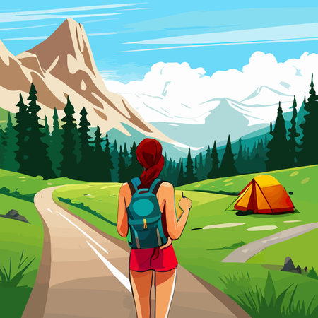 Adventure woman hiker enjoying hiking in mountains with nordic poles backpack flat vector illustration. Woman traveler travels with backpack.のイラスト素材