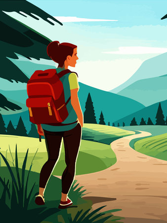 Beautiful design with a sense of travel. A young woman with a backpack inspects the surroundings. Vector verticalのイラスト素材