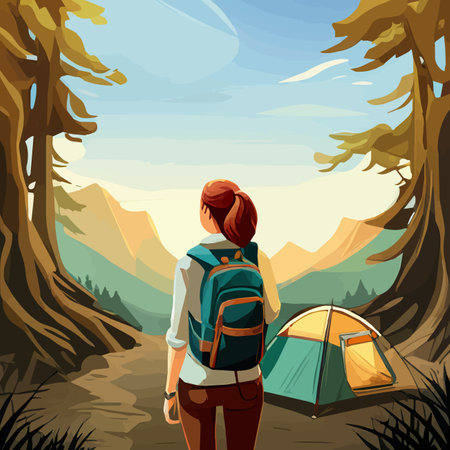 Adventure woman hiker enjoying hiking in mountains with nordic poles backpack flat vector illustration. Woman traveler travels with backpack.のイラスト素材