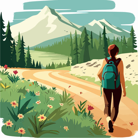 Adventure woman hiker enjoying hiking in mountains with nordic poles backpack flat vector illustration. Woman traveler travels with backpack.のイラスト素材