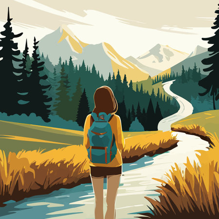 Adventure woman hiker enjoying hiking in mountains with nordic poles backpack flat vector illustration. Woman traveler travels with backpack.のイラスト素材