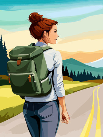 Beautiful design with a sense of travel. A young woman with a backpack inspects the surroundings. Vector verticalのイラスト素材