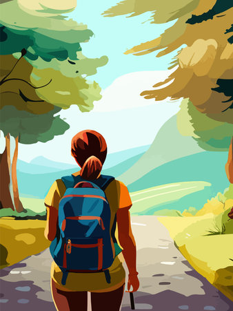 Beautiful design with a sense of travel. A young woman with a backpack inspects the surroundings. Vector verticalのイラスト素材
