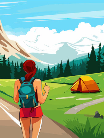 Beautiful design with a sense of travel. A young woman with a backpack inspects the surroundings. Vector verticalのイラスト素材