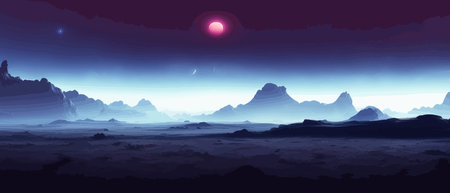 Futuristic fantasy landscape, sci fi landscape with planet neon light, cold planet. Galaxy unknown planet. Dark natural scene with light reflection water. neon space galaxy portal vector illustration.のイラスト素材