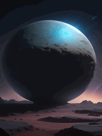 Futuristic fantasy landscape, sci fi landscape with planet, neon light, cold planet. Galaxy unknown planet Dark naturalのイラスト素材