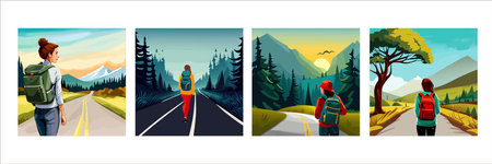 Adventure woman hiker enjoying hiking in mountains with nordic poles backpack flat vector illustration. Woman traveler travels with backpack.のイラスト素材