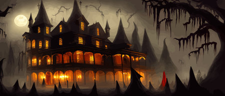 Scary little haunted house in horror forest, spooky haunted house in old, vintage style for Halloween and other spooky occasions. Vector illustration.のイラスト素材