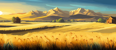 Wheat field sky with clouds. Countryside summer background gold colors grain nature. Health food poster. Barley vectorのイラスト素材