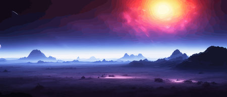 Futuristic fantasy landscape, sci fi landscape with planet neon light, cold planet. Galaxy unknown planet. Dark natural scene with light reflection water. neon space galaxy portal vector illustration.のイラスト素材