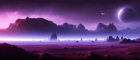 Futuristic fantasy landscape, sci fi landscape with planet neon light, cold planet. Galaxy unknown planet. Dark natural scene with light reflection water. neon space galaxy portal vector illustration.のイラスト素材