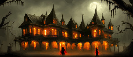 Scary little haunted house in horror forest, spooky haunted house in old, vintage style for Halloween and other spooky occasions. Vector illustration.のイラスト素材
