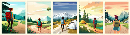 Beautiful design with a sense of travel. A young woman with a backpack inspects the surroundings. Vector verticalのイラスト素材